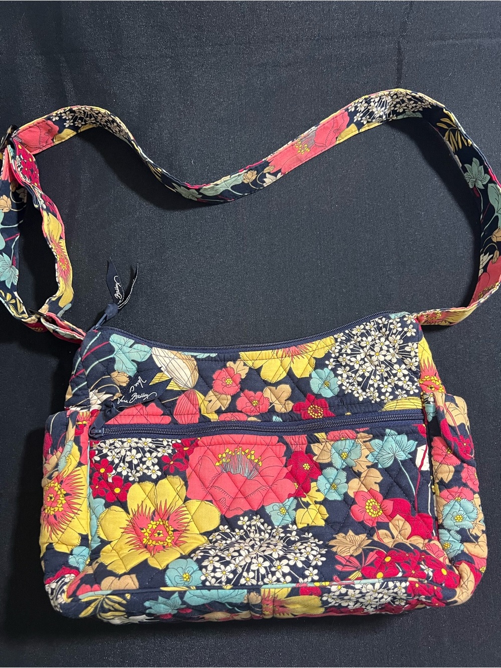Vera Bradley Navy Floral Quilted Crossbody with Pink, Yellow & Teal Blooms